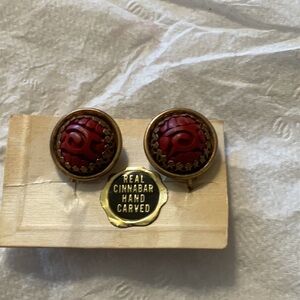 VINTAGE CHINESE HAND CARVED CINNABAR CLIP ON EARRINGS